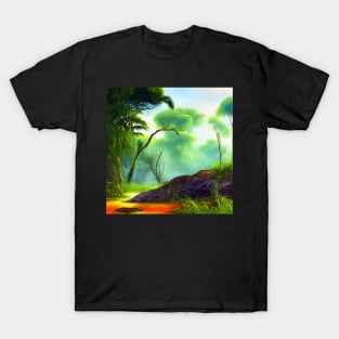 Landscape Painting with Tropical Plants and Lake, Scenery Nature T-Shirt